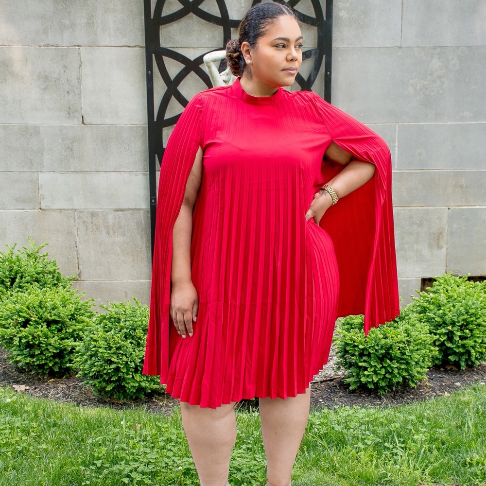 Plus Red Pleated Cape Dress